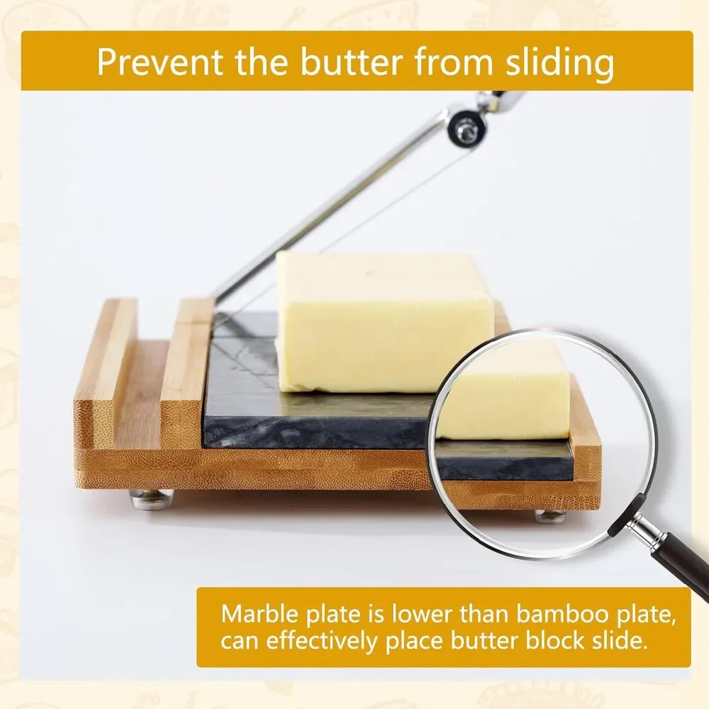 Bamboo & Marble Cheese Slicer w/ 4 Wires | Heavy Duty Butter Cutter Board Stand